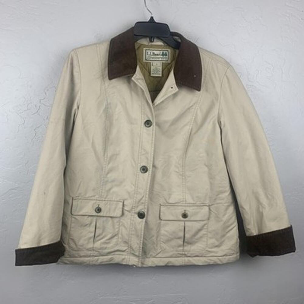 L.L.Bean Barn Jacket Womens Large Petite Beige Canvas Corduroy Collar Button